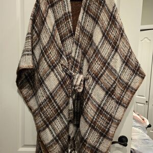 Cozy Plaid Knit Poncho Wrap in Brown and Cream